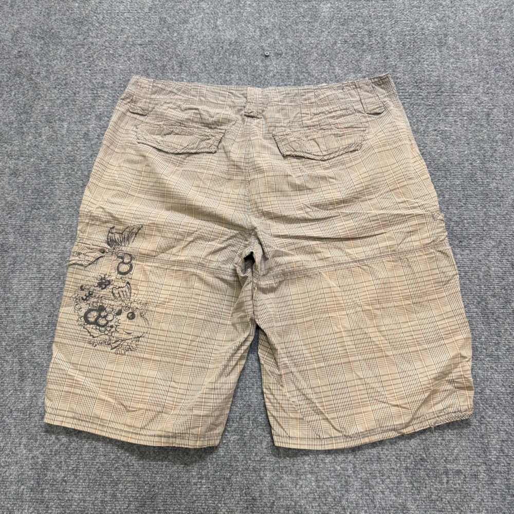 VTG Y2K Plaid Shorts Mens 36 Beige Faded 90s Skater Grunge Embroidered Skull